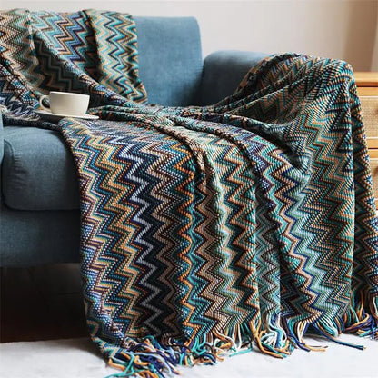 Bohemian Acrylic Hand Knitted Blanket with Tassels