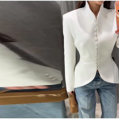 Chic Waist Cinched Women's Blazer Coat with Stand Collar