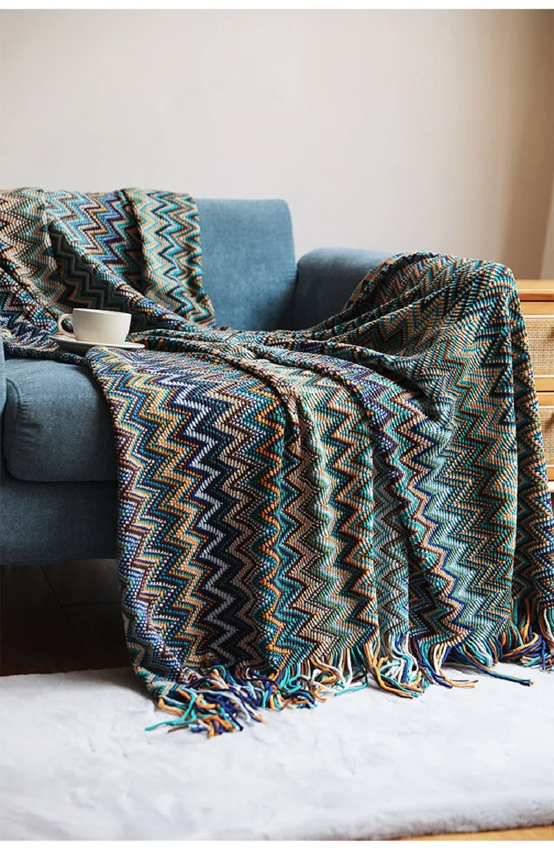 Bohemian Acrylic Hand Knitted Blanket with Tassels