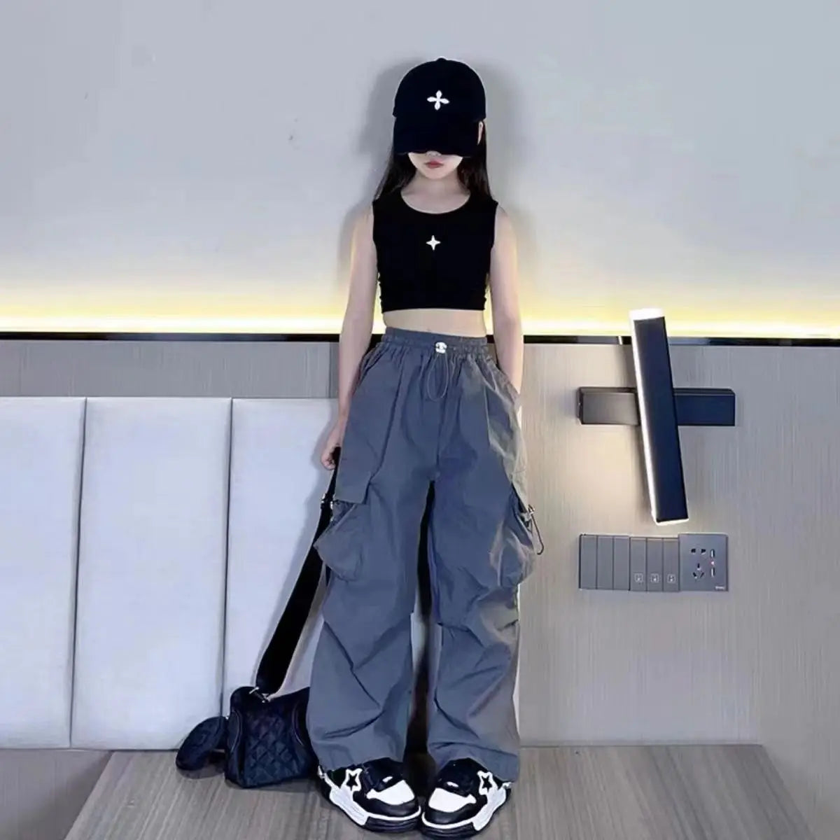 Girls Cargo Pants Cotton Polyester Black Grey Red
