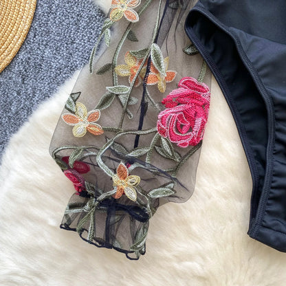 SINGREINY Vintage Embroidery Gauze Bodysuit for Women