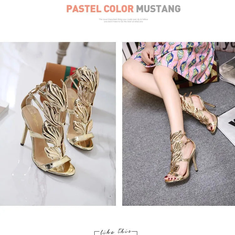 Gold High Heel Open Toe Sandals with Leaf Detailing