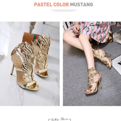 Gold High Heel Open Toe Sandals with Leaf Detailing
