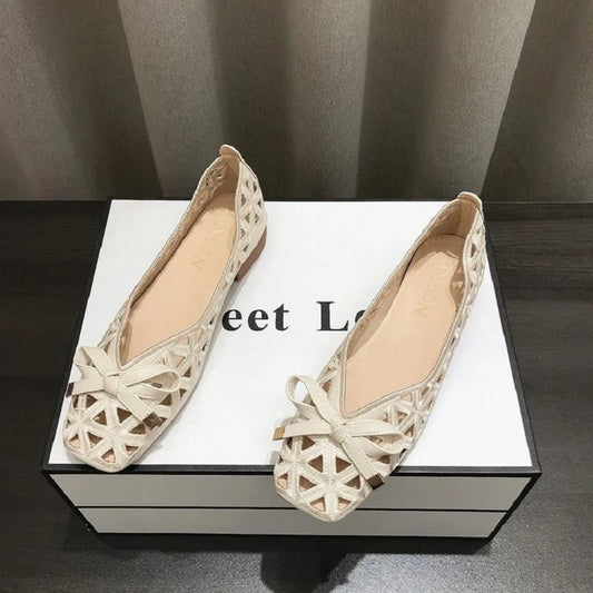 Beige Geometric Cut-Out Peep-Toe Flat Sandals for Women