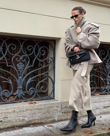 Lapel Lace Up Trench Coat Women Casual Long Sleeve