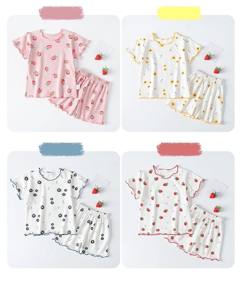 Girl Summer Pajama Sets Cartoon Pattern Ice Silk