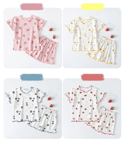 Girl Summer Pajama Sets Cartoon Pattern Ice Silk
