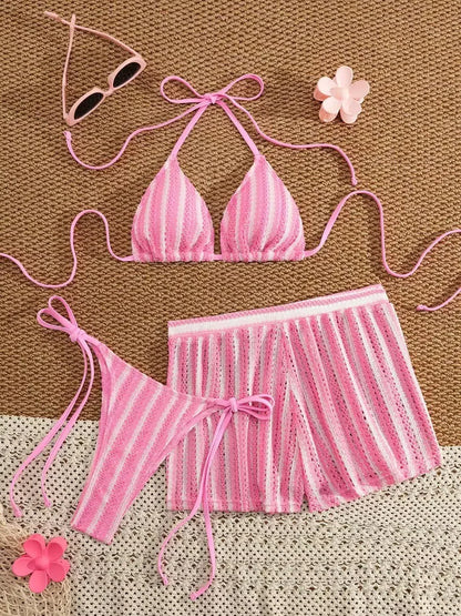 Mesh Three-Piece Women's Swimsuit with Lace-Up Detail