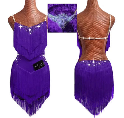 Latin Dance Dress with Rhinestones and Tassels in Red and White