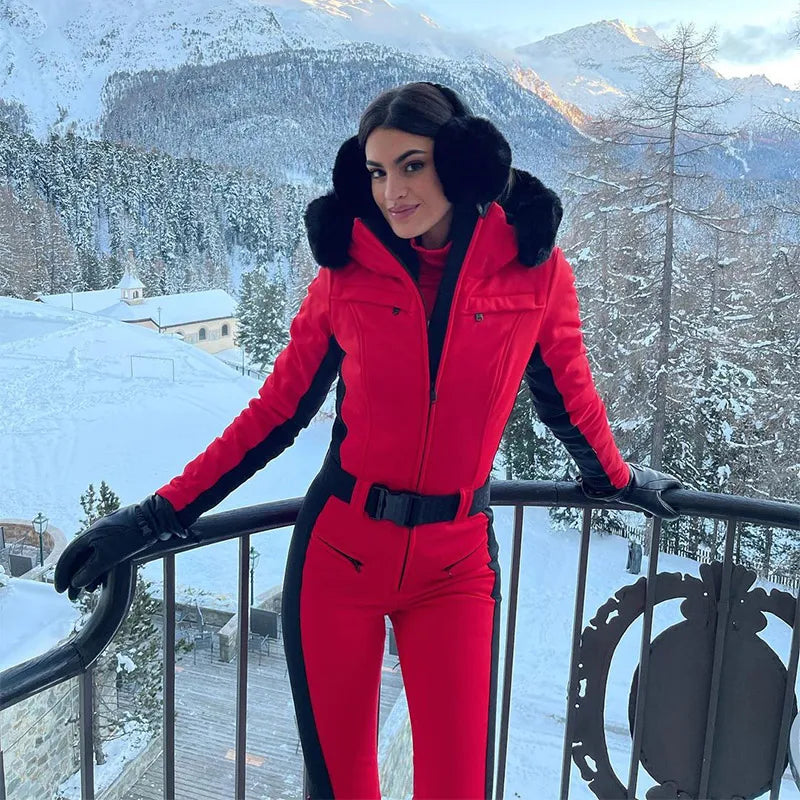 Casual Fur-Trimmed Hooded Ski Suit Women Warm Jumpsuit