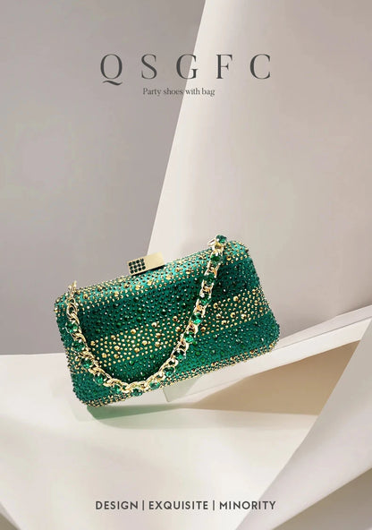 Italian Luxury Green Rhinestone Shoes and Bag Set