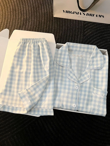 Japanese Minimalist Women's Pink Plaid Pajamas