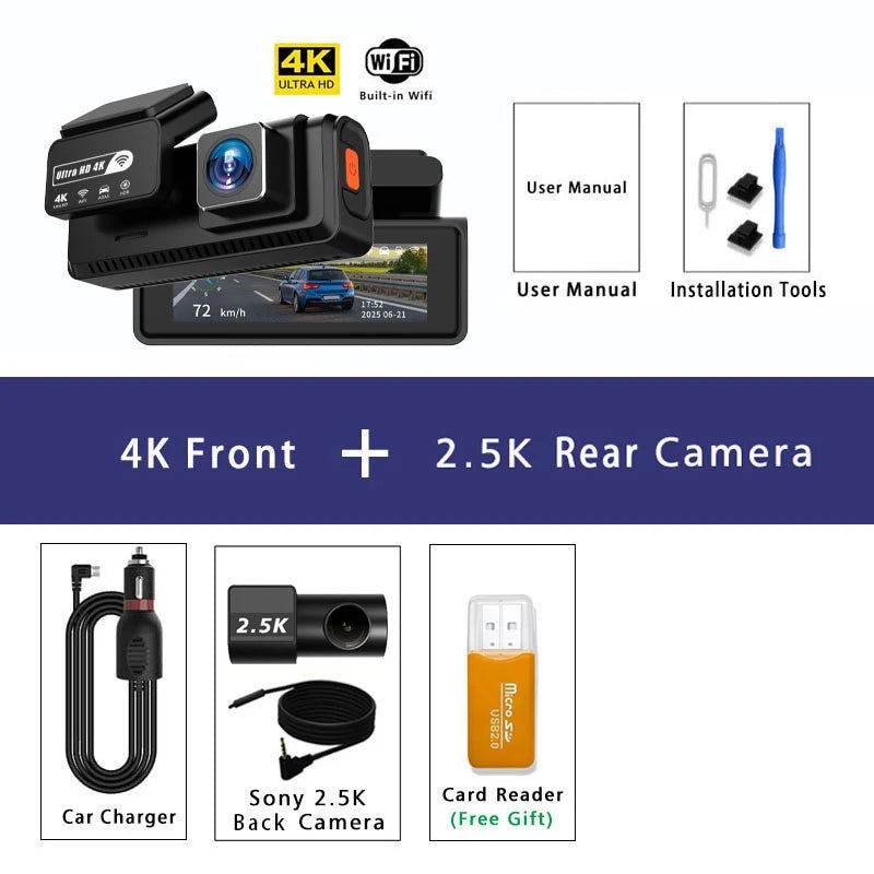 ADAS Dash Cam 4K 2.5K GPS WiFi Night Vision Mini
