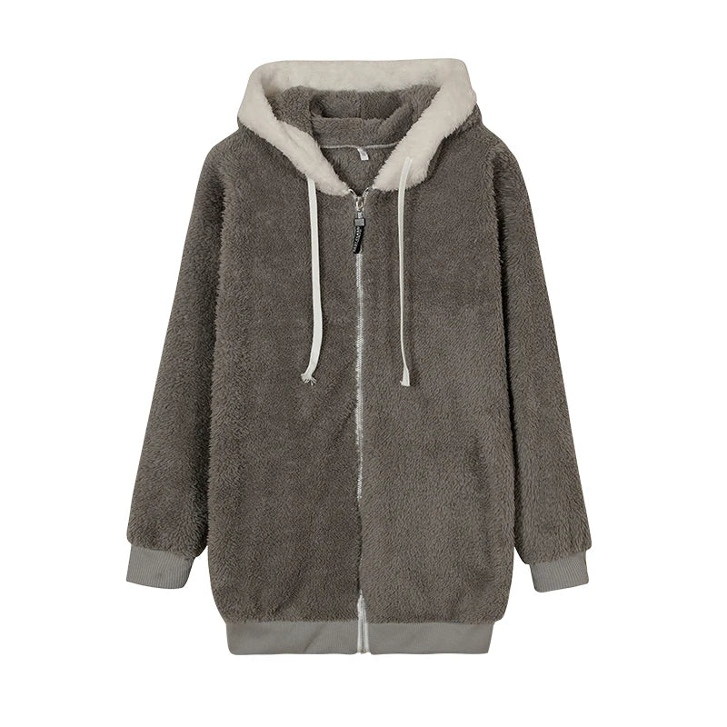 Loose Plush Zipper Hooded Jacket for Women