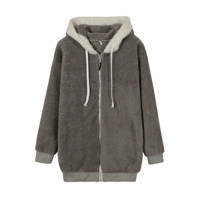 Loose Plush Zipper Hooded Jacket for Women