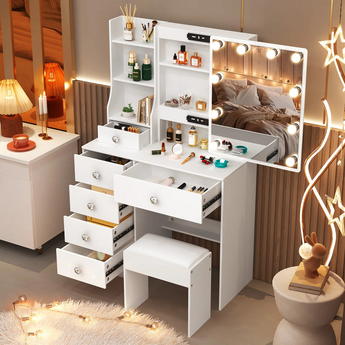 Teousev White LED Makeup Vanity Set with Stool