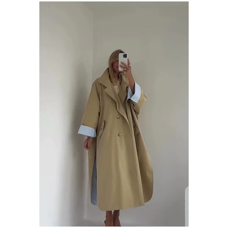 Khaki Long Color-block Stripe Trench Coat for Women