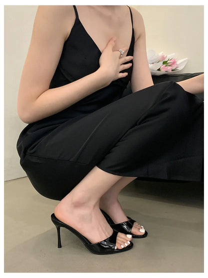 Thin High Heels Open Toe Slides Women Patent Leather Sandals