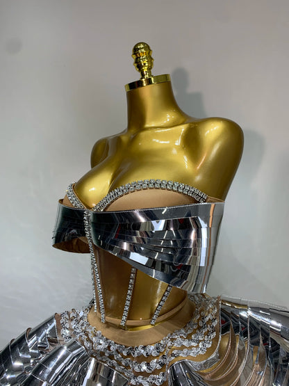 Women Silver Sequins Two Piece Stage Costume