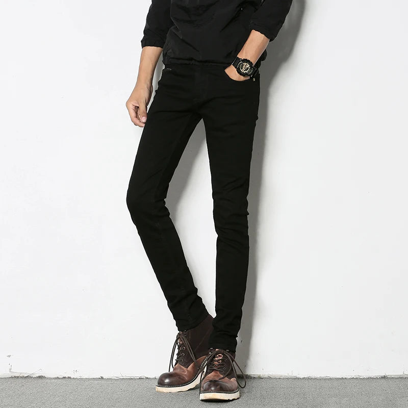 Mens Slim Fit Denim Pencil Pants Black White Stretch Jeans