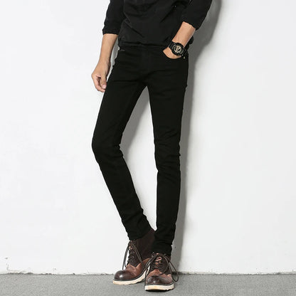 Mens Slim Fit Denim Pencil Pants Black White Stretch Jeans