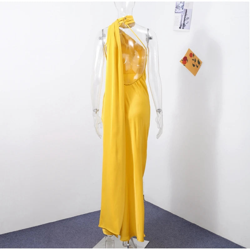 Elegant Halter Dress Women Solid Backless Maxi Dress