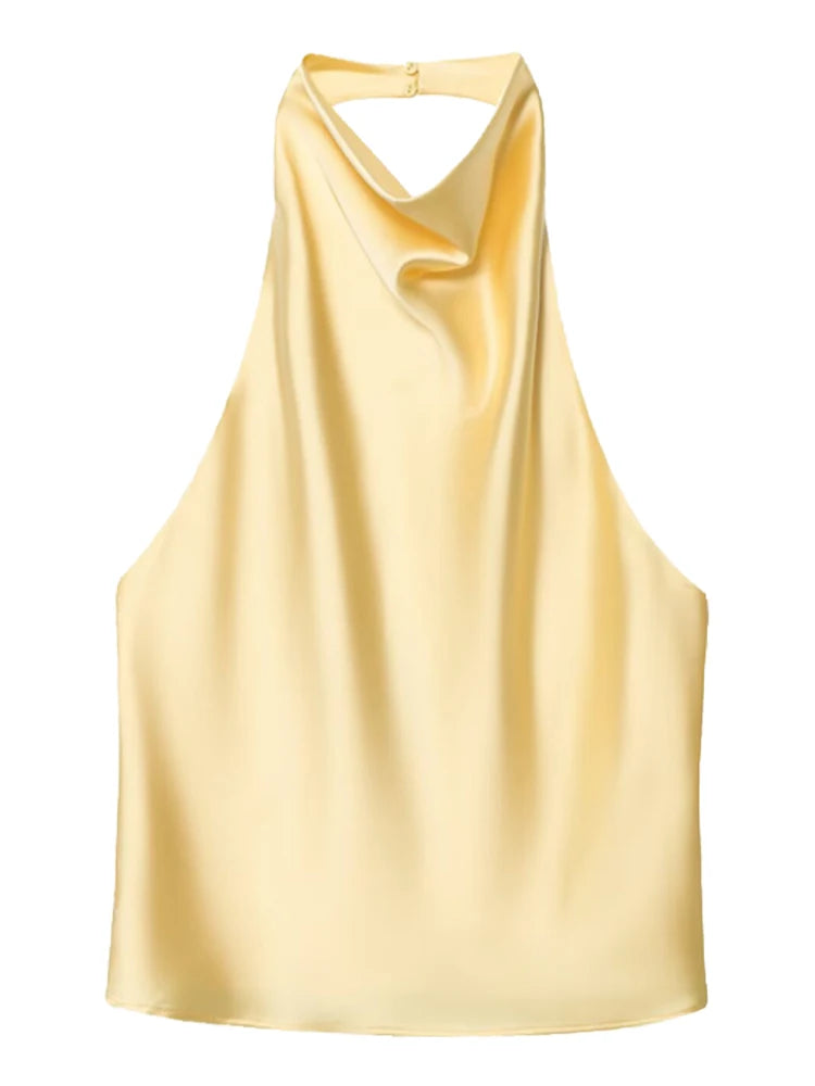Halter Satin Backless Corset Top for Women in Yellow Pink Black