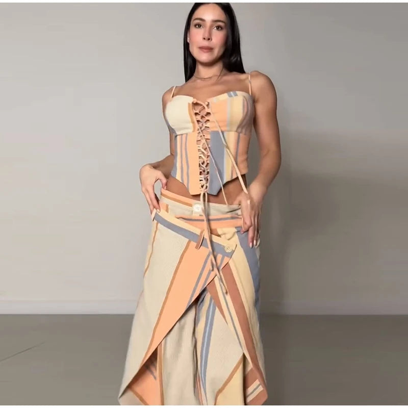 Corset Cami Two Piece Set with Pleated Wide Leg Pants
