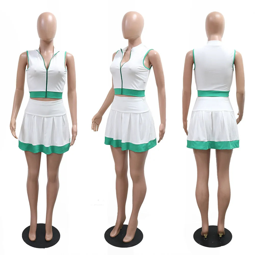 CM.YAYA Women's Sleeveless V-Neck Vest and Pleated Skirt