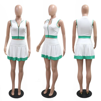 CM.YAYA Women's Sleeveless V-Neck Vest and Pleated Skirt