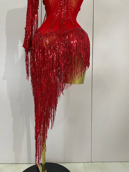 Sparkly Rhinestones One Shoulder See-Through Dress