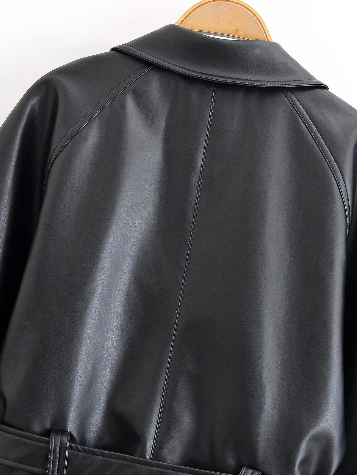 Black Faux Leather Vintage Trench Coat for Women