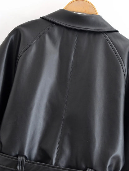 Black Faux Leather Vintage Trench Coat for Women
