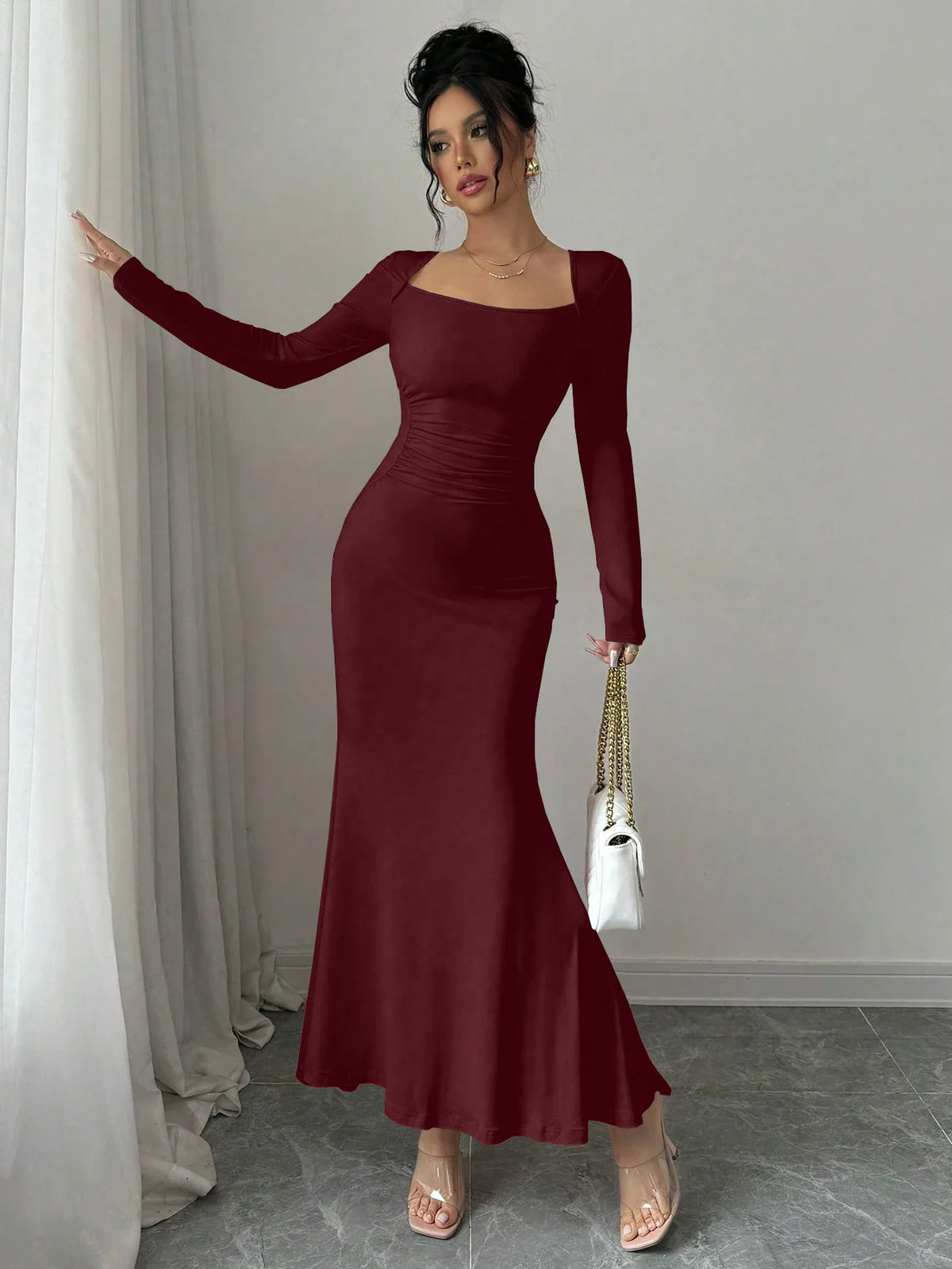 Elegant Retro Solid Color Square Collar Long Sleeve Dress