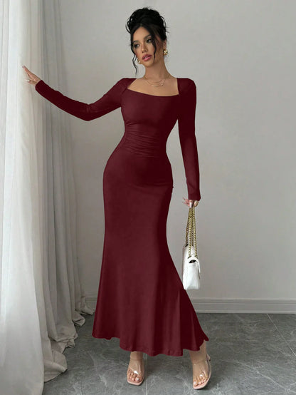 Elegant Retro Solid Color Square Collar Long Sleeve Dress
