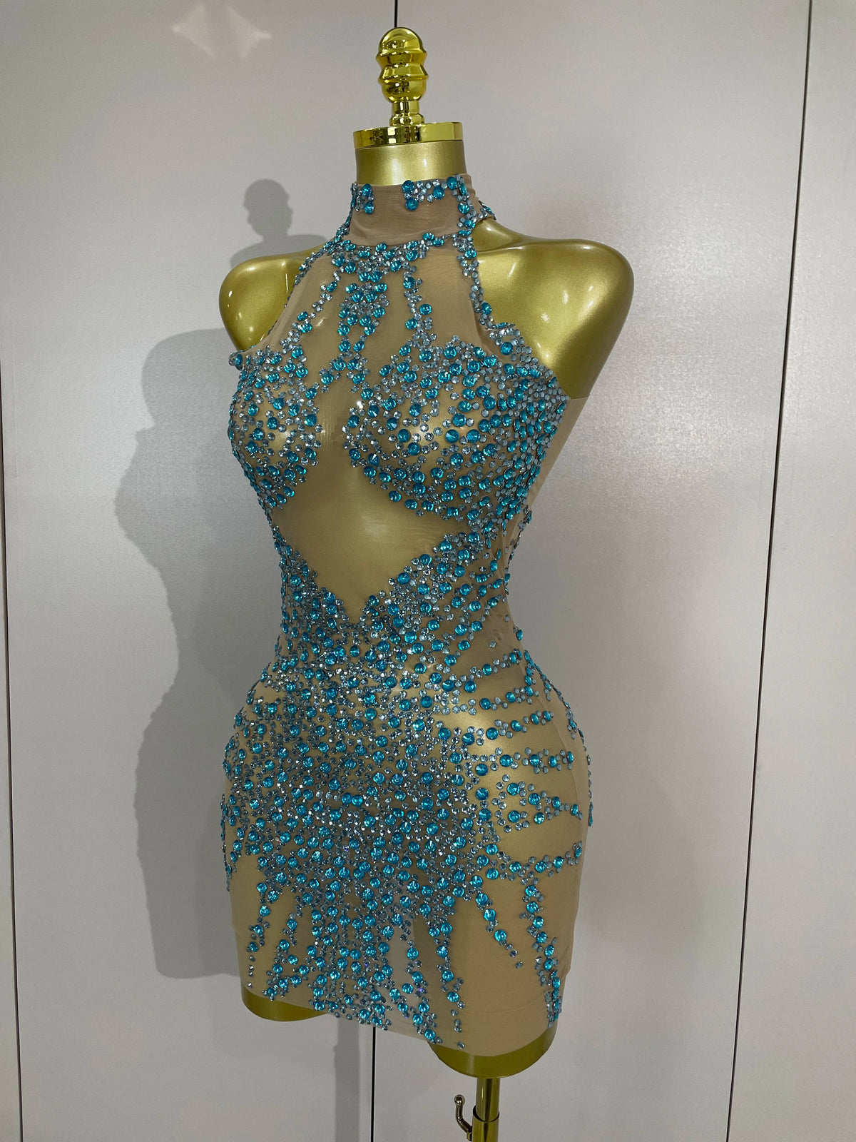 Sparkly Rhinestones Mesh See Through Dress for Women