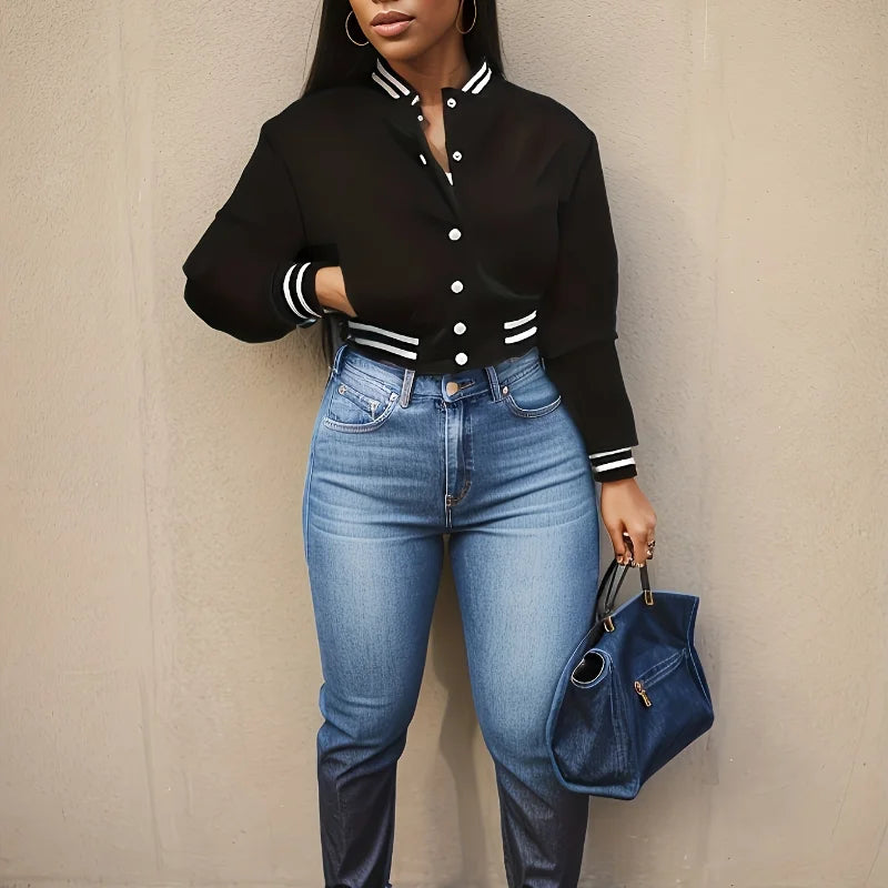Women's Pure Color Single Breasted Baseball Jacket