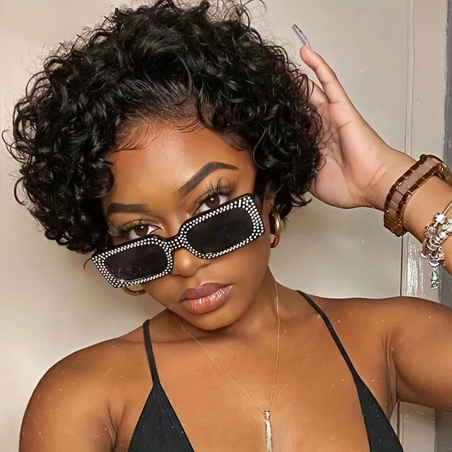Pixie Cut Curly Lace Front Wig Natural Black 6 Inch