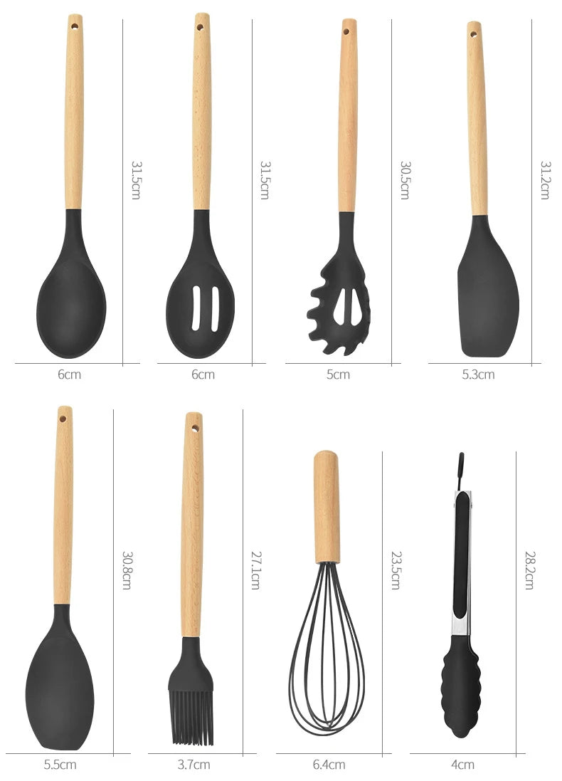 12 Piece Silicone Kitchen Utensils Set with Wooden Handle