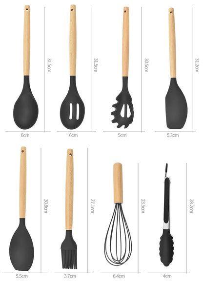 12 Piece Silicone Kitchen Utensils Set with Wooden Handle
