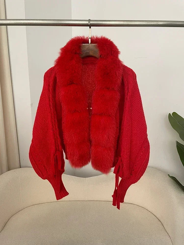 Knitted Cardigan Coat for Women with Real Fox Fur