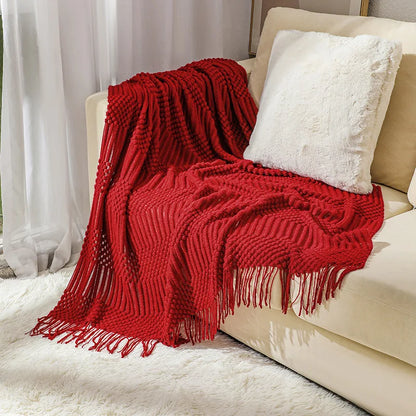 Khaki Knitted Acrylic Blanket with Tassels