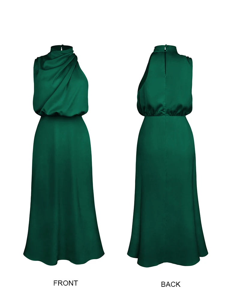 Elegant Silk Satin Sleeveless Long Dress for Women