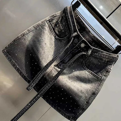 Oversize Diamond Denim Mini Skirt Women Gradient Black Grey