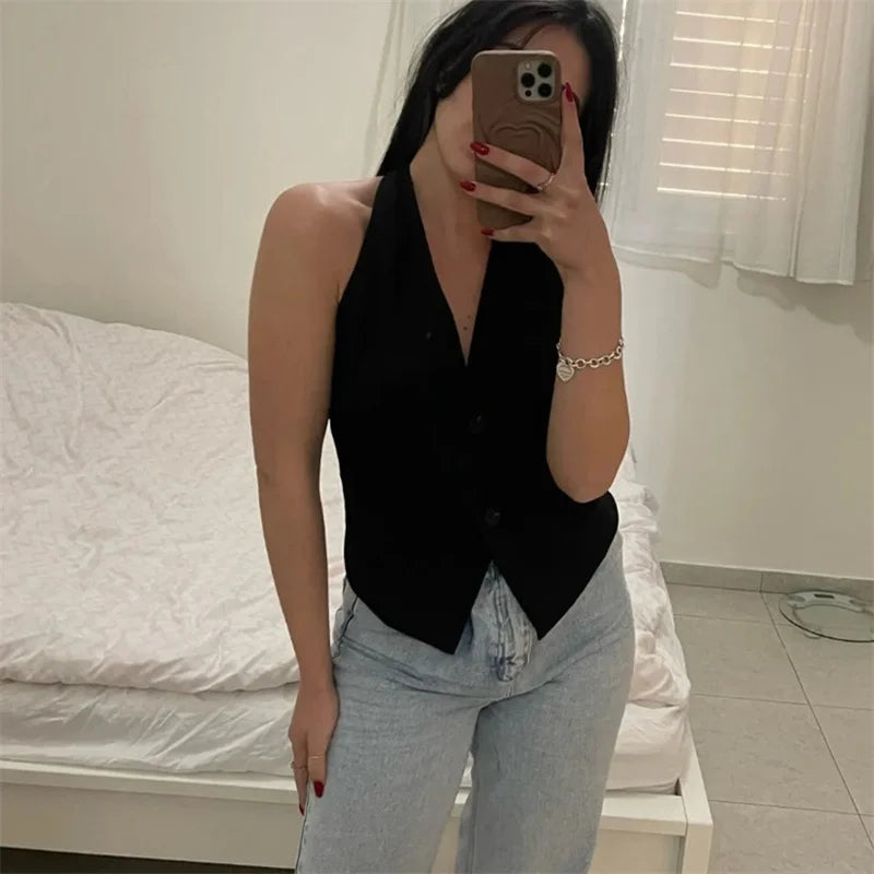 MUJER Off Shoulder Black White Cropped Vest