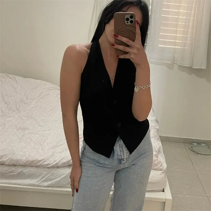 MUJER Off Shoulder Black White Cropped Vest