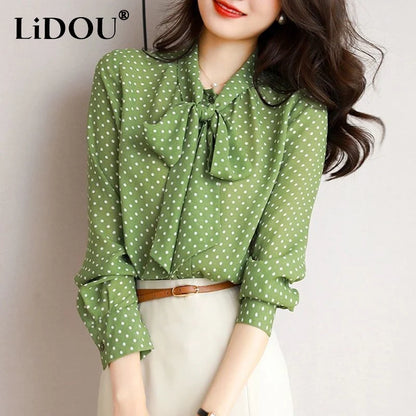 Shawl Collar Long Sleeve Blouse Women Polka Dot Cardigan