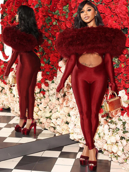 Furry Slash Neck Jumpsuit Women Polyester Elastane
