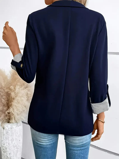 Women's Slim Fit Polyester Blazer Jacket with Rolled Sleeves