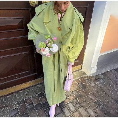 Green Oversized Belt Overcoat Women Long Sleeve Windbreaker